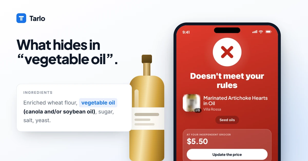 A phone scanning a snack bag, flagging vegetable oil (canola and/or soybean) as seed oils.