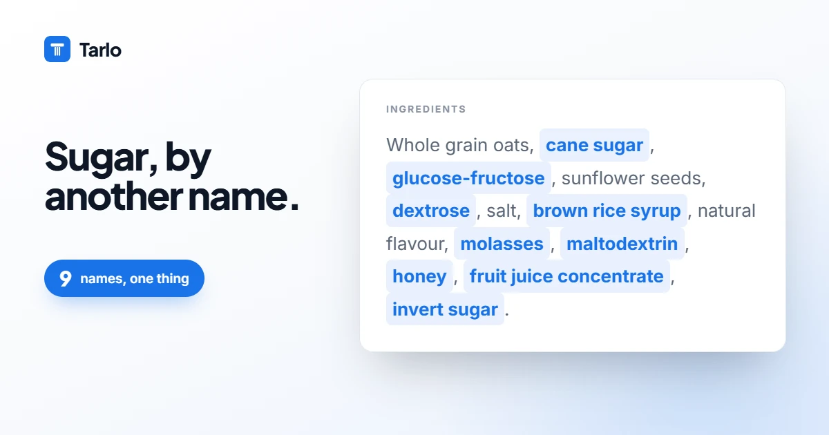 An ingredient list card with several different sugar names highlighted at once.