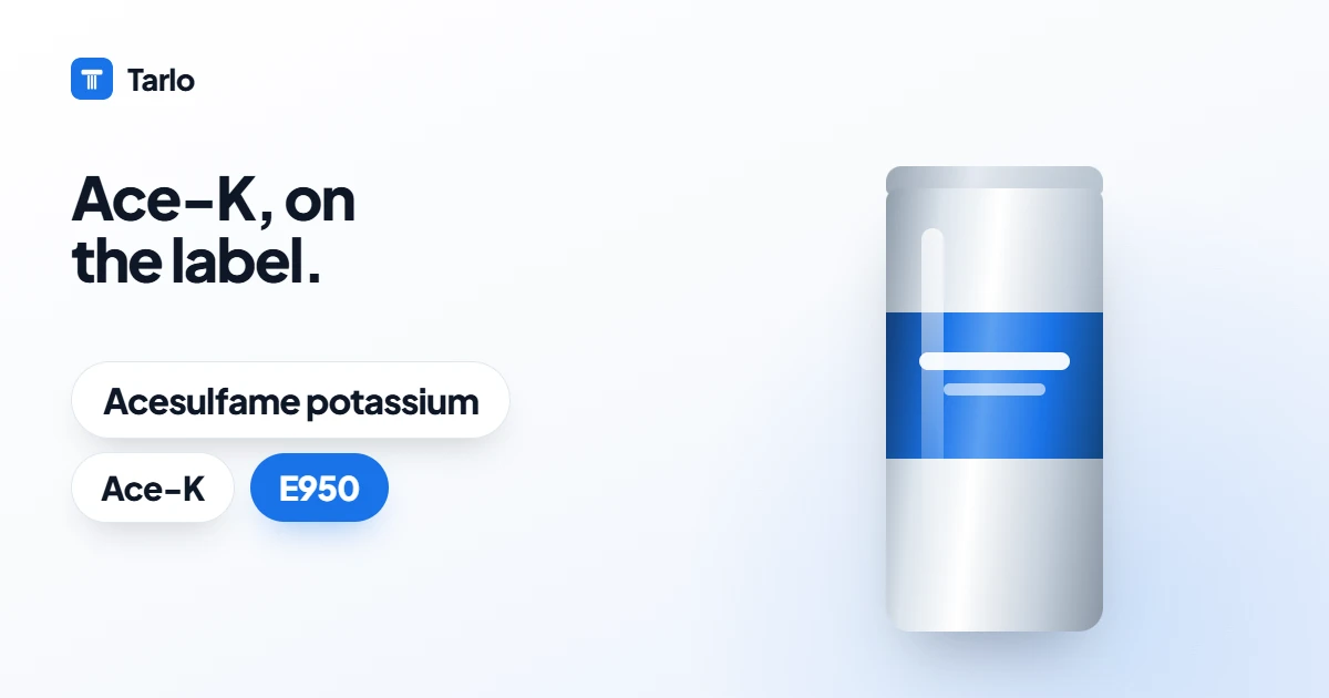 A zero-sugar drink beside a label card highlighting acesulfame-potassium E950.