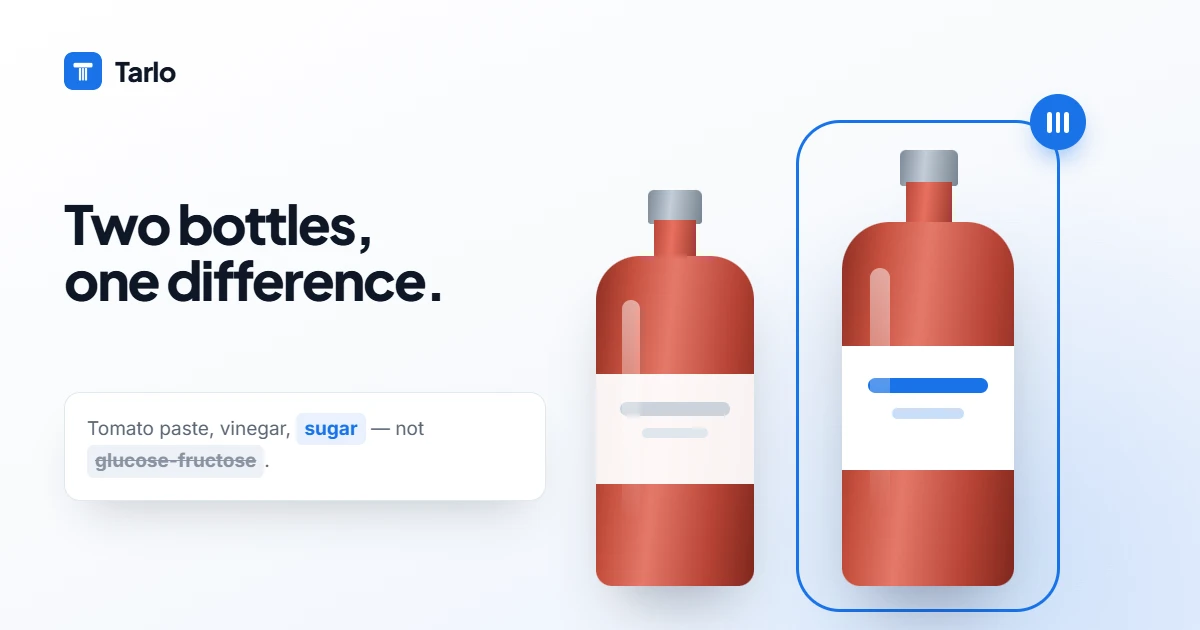 Two ketchup bottles compared, one flagged for glucose-fructose and one passing the rule.