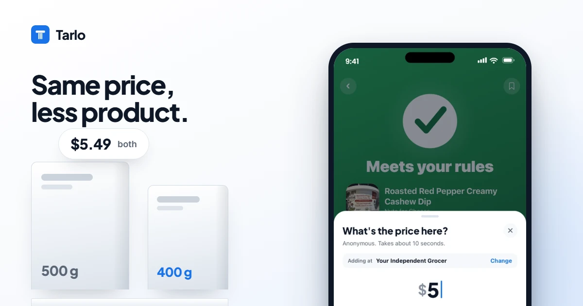 Two identical-looking packages, one subtly smaller, beside a unit-price tag.
