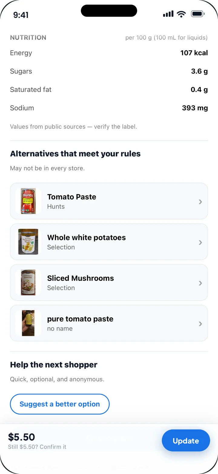 Tarlo breakdown screen: nutrition per 100 g, then “Alternatives that meet your rules” listing four swaps.