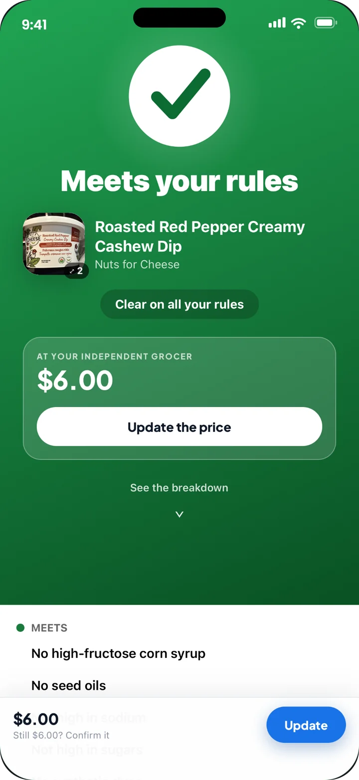 Tarlo’s verdict screen — a big white check on green reading “Meets your rules” for Roasted Red Pepper Creamy Cashew Dip, clear on all your rules, $6.00 at your grocer.